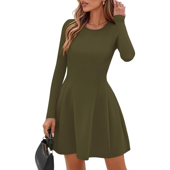 Long Sleeve Army Green Mini Dress Women Fall 2025 Crewneck Line Babydoll Casual - Picture 3 of 8